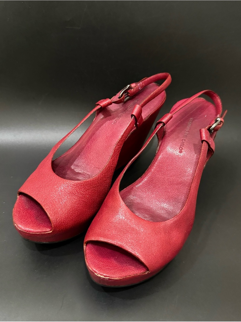 ROBERTO DEL CARLO Burgundy Wine Red Leather Peep Toe Platform Wedge Sandals 38.5